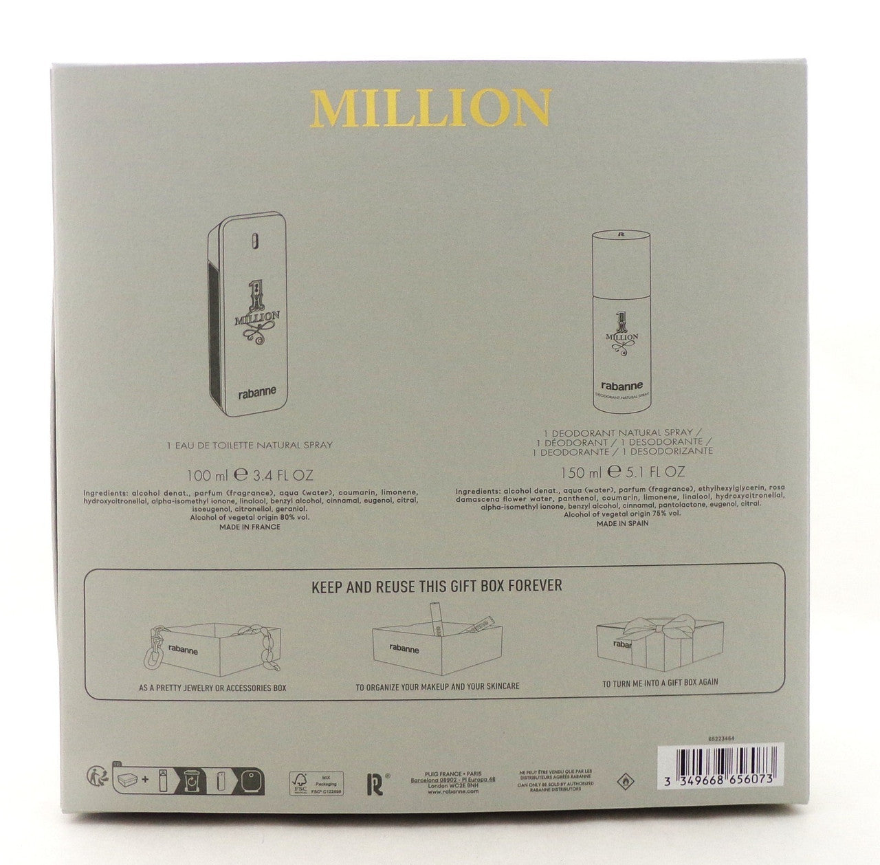 1 Million by Paco Rabanne 2 Pcs Set for Men 3.4 oz EDT Spray + 5.1 Deo Spray New