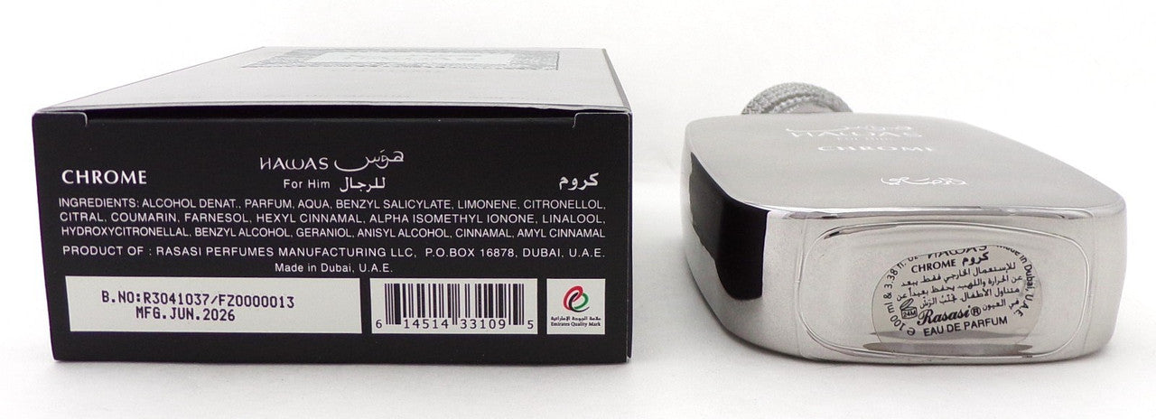 HAWAS for Him CHROME by Rasasi 3.38 oz. EDP Spray for Men. New No Cellophane