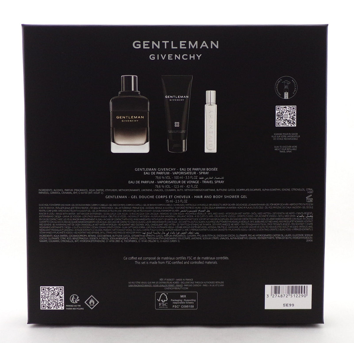 Gentleman Givenchy 3.3oz EDP BOISEE + 12.5ml EDP + 2.5oz SH/Gel. New SET for Men