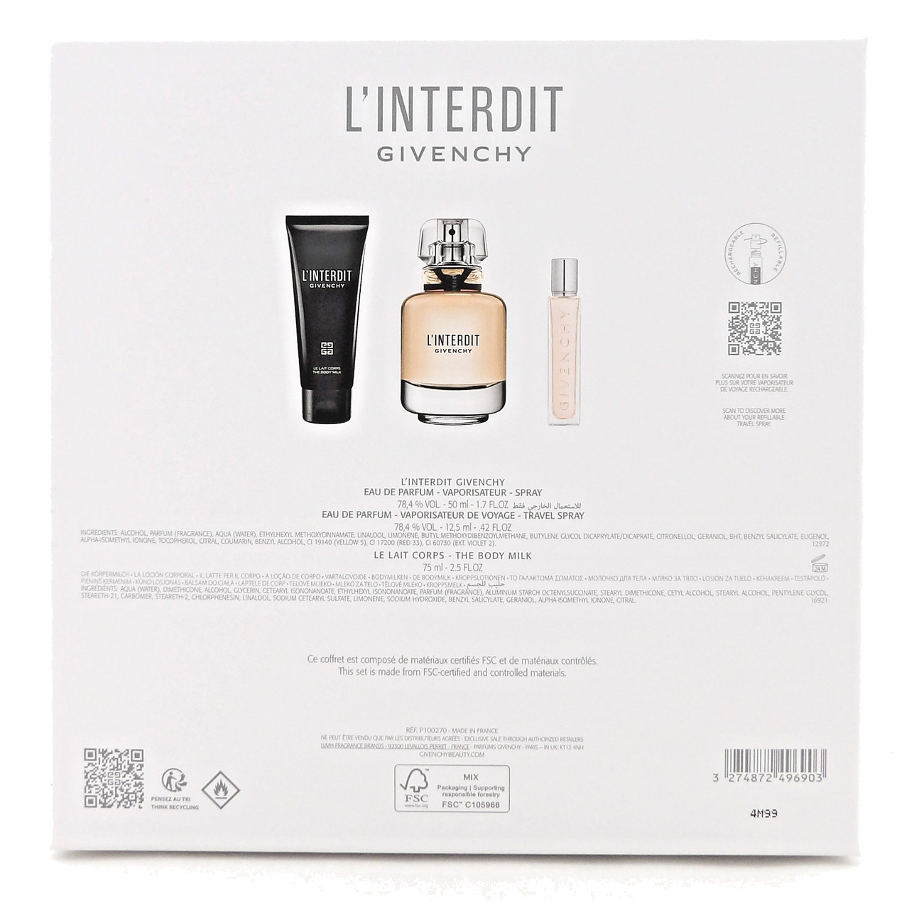 Givenchy L'Interdit 1.7oz & 12.5ml EDP Spray + 2.5oz Body Milk. New Women's Set