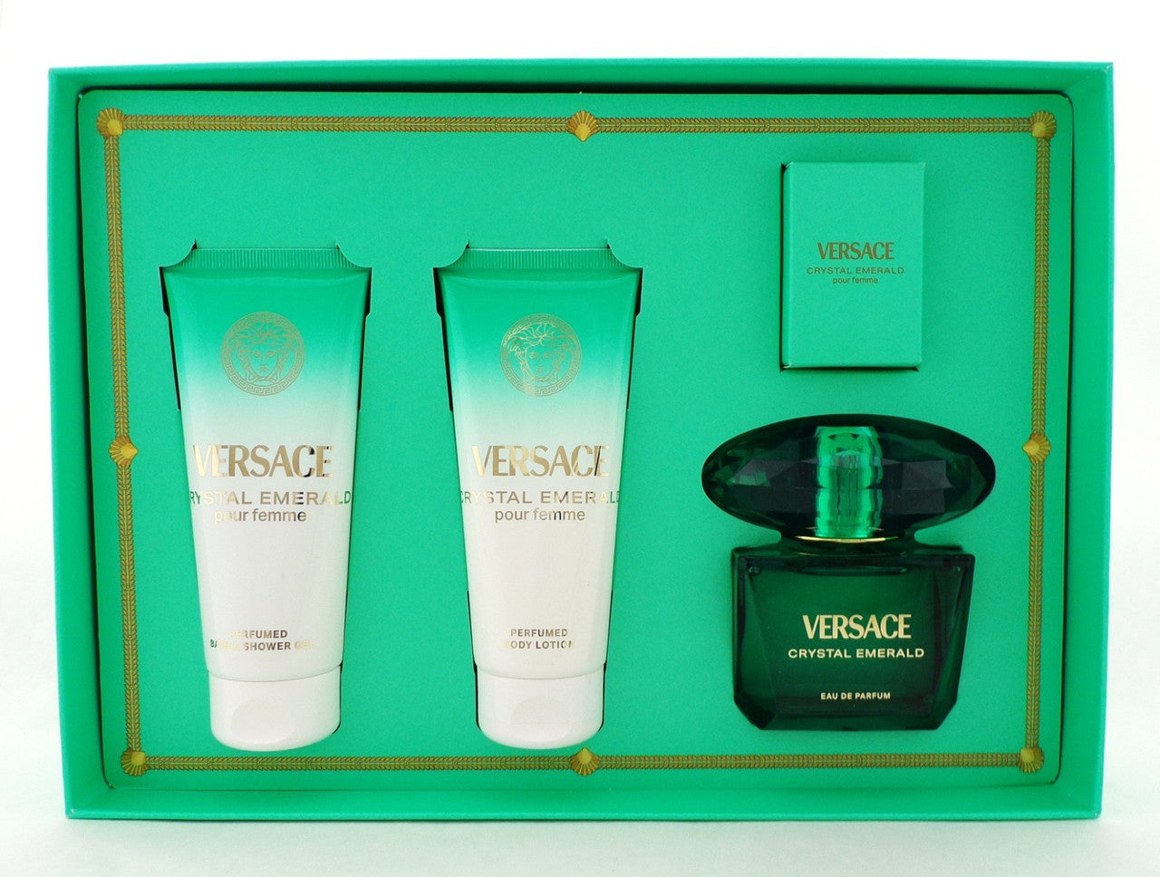 Versace CRYSTAL EMERALD 4 Pcs Set: 3.0 EDP Spray & 5 ml Mini + 3.4 S/G + 3.4 B/L