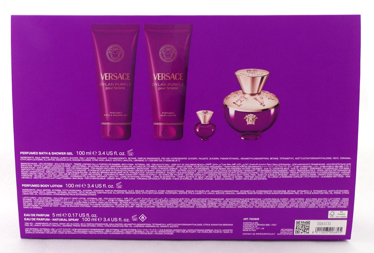 Versace DYLAN PURPLE 4 Pcs Set: 3.4 oz + 5ml EDP +3.4 oz Sh/Gel +3.4oz B/Lot NEW