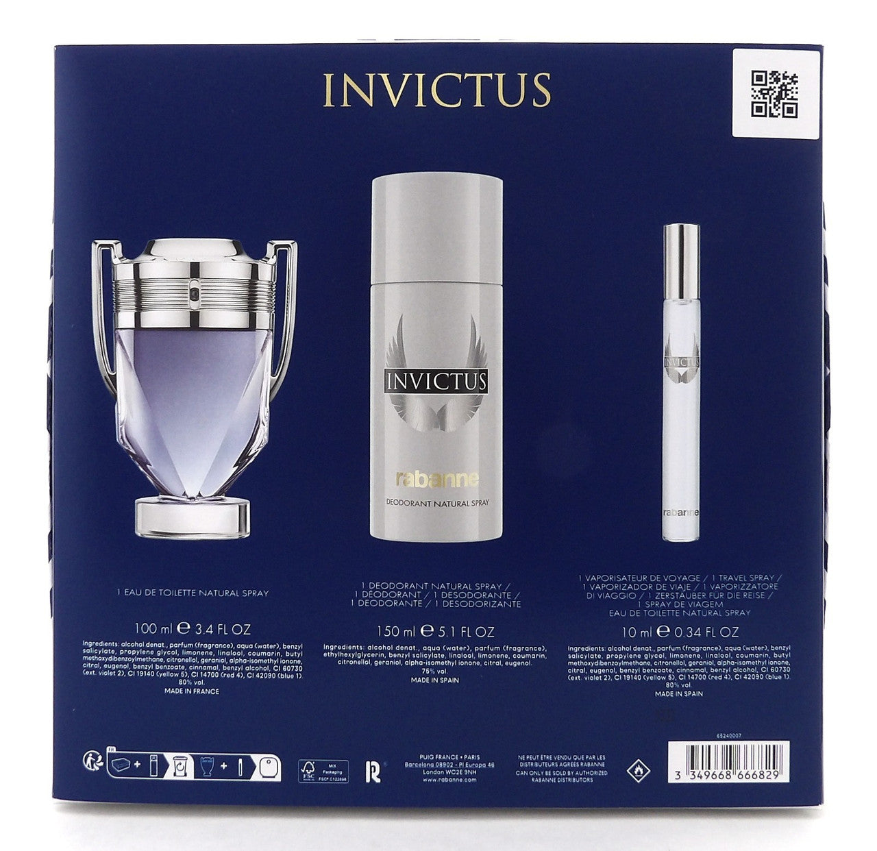 Invictus by Rabanne 3.4 oz & 10 ml EDT Spray + 5.1 oz Deo Spray. New DAMAGED Box