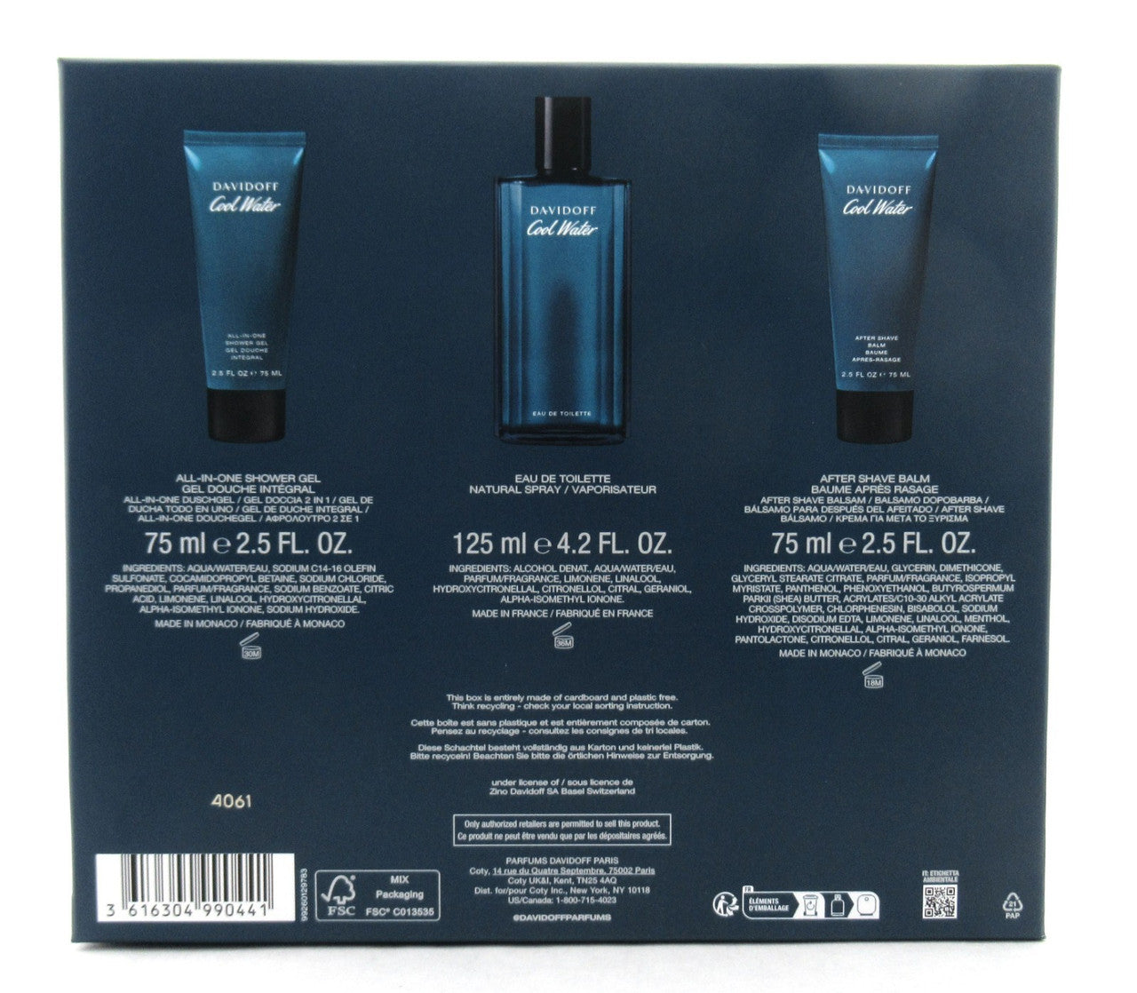 Cool Water by Davidoff 4.2 oz EDT Sp+2.5 oz Sh/Gel & A/S Balm Men's SET Damaged Box