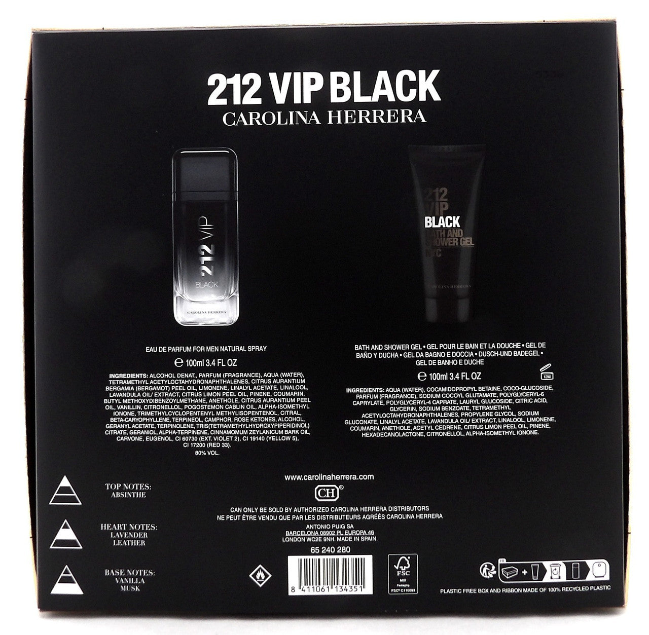 212 VIP BLACK by Carolina Herrera 3.4oz EDP Spray+3.4oz Shower Gel New Men's SET