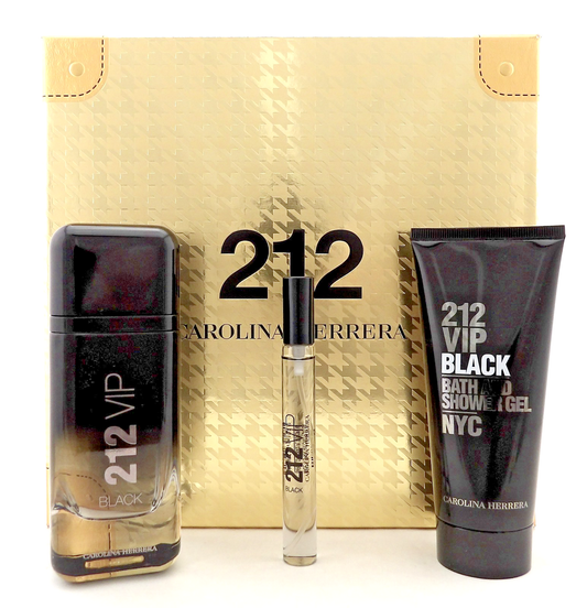212 VIP BLACK Carolina Herrera 3.4oz &0.34oz EDP Spray+3.4oz S/Gel New Men's Set