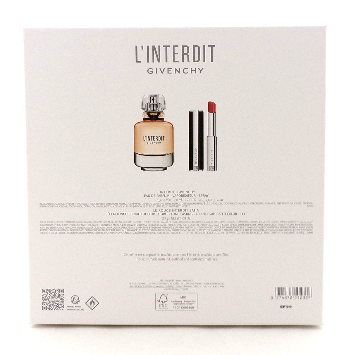 L'Interdit Givenchy 2.7 oz. EDP  Spray+ 0.09 oz Lipstick New Set for Women