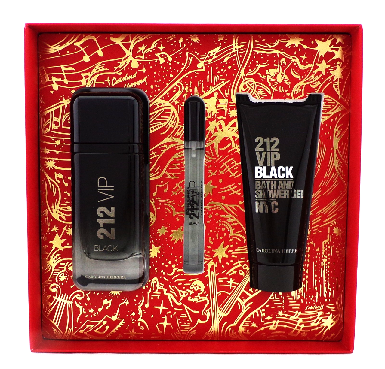 212 VIP BLACK Carolina Herrera 3.4 oz + 0.34 oz EDP Spray + 3.4 oz S/Gel New Set