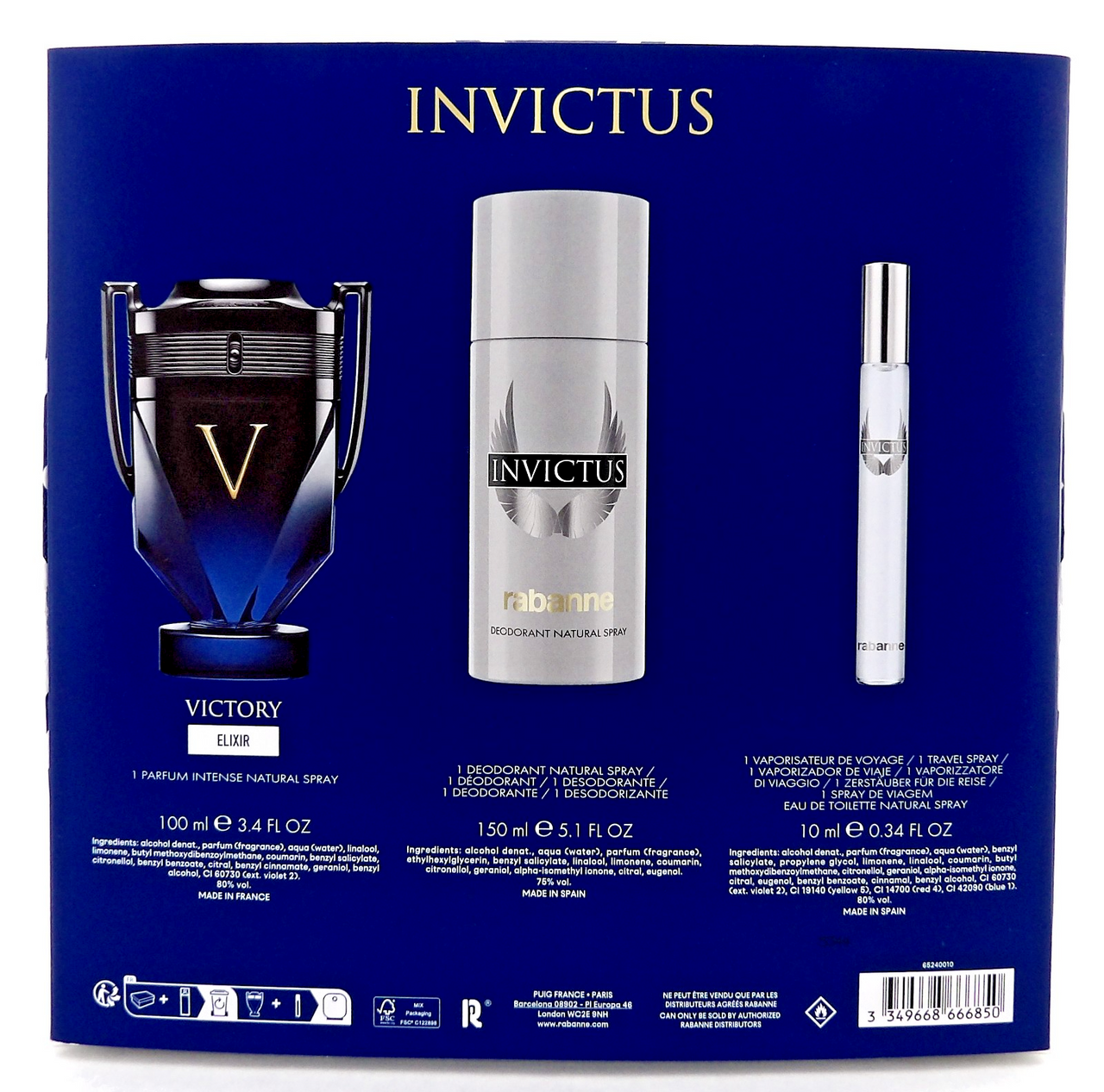 Invictus Victory ELIXIR by Rabanne 3.4oz Parfum&10ml EDT+5.1oz Deo Spray New SET