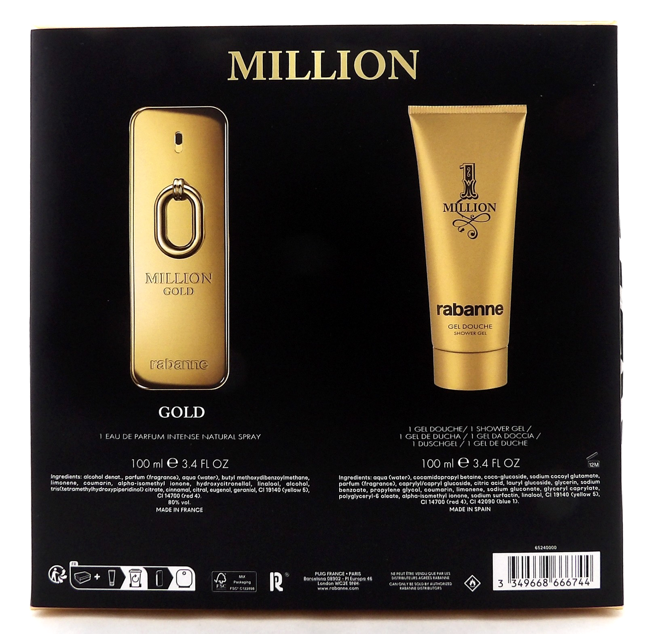 Million GOLD by Rabanne 3.4oz EDP INTENSE Spray + 3.4oz Shower Gel New Men's SET