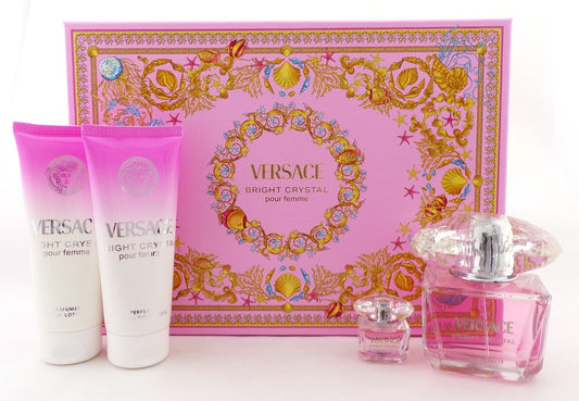 Versace BRIGHT CRYSTAL 4 pcs Set: 3.0oz EDT Spray & 5ml EDT + 3.4oz B/Lot & Sh/G