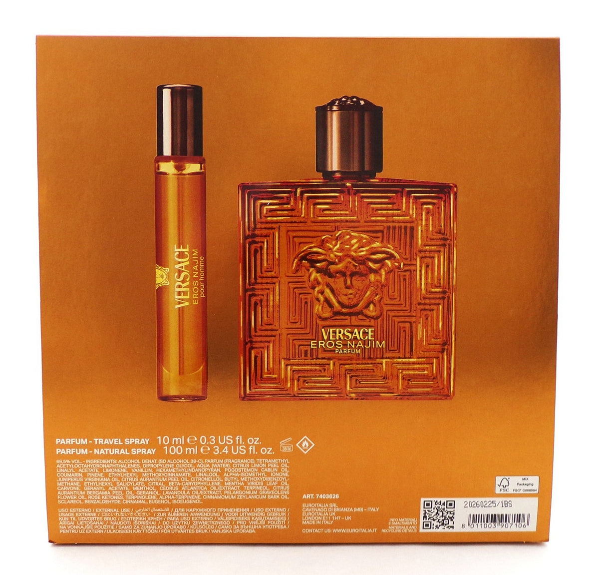 Versace EROS NAJIM Pour Homme 2 pcs Set 3.4 Parfum Spray + 0.3 Parfum Travel Spr