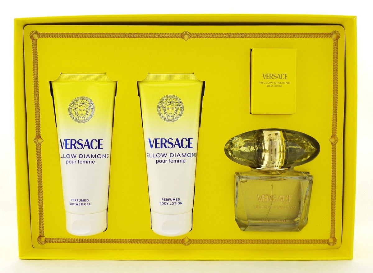 Versace YELLOW DIAMOND 4 Pcs Set: 3.0 EDT Spray & 5 ml Mini + 3.4 S/G + 3.4 B/L