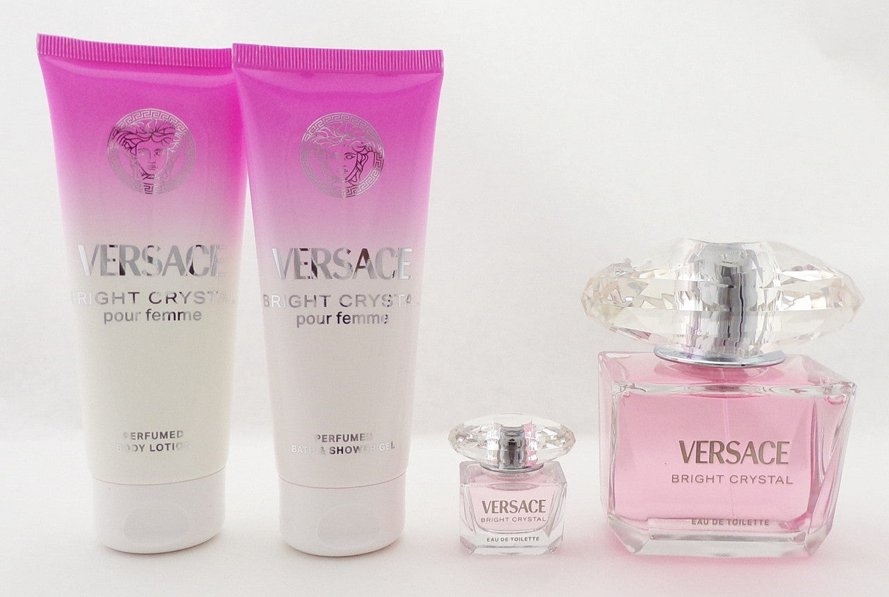 Versace BRIGHT CRYSTAL 4 pcs Set: 3.0oz EDT Spray & 5ml EDT + 3.4oz B/Lot & Sh/G