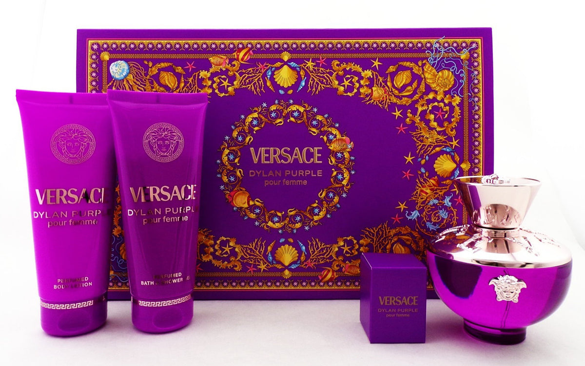 Versace DYLAN PURPLE 4 Pcs Set: 3.4 oz + 5ml EDP +3.4 oz Sh/Gel +3.4oz B/Lot NEW