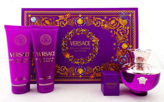 Versace DYLAN PURPLE 4 Pcs Set: 3.4 oz + 5ml EDP +3.4 oz Sh/Gel +3.4oz B/Lot NEW