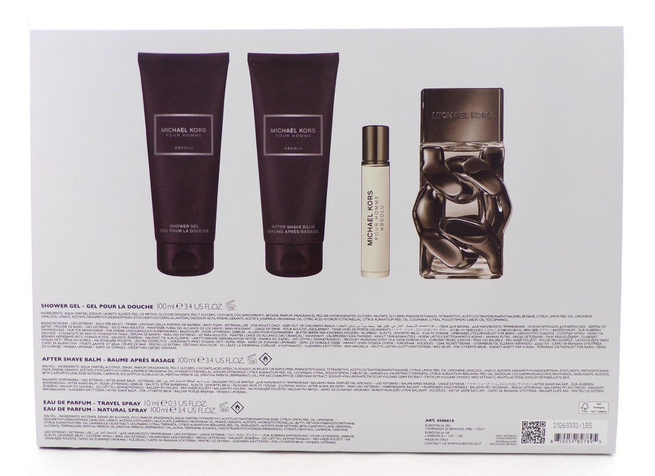 Michael Kors Pour Homme ABSOLU 4 Pcs Set: 3.4 oz. EDP Spray+Travel+Balm+S/Gel