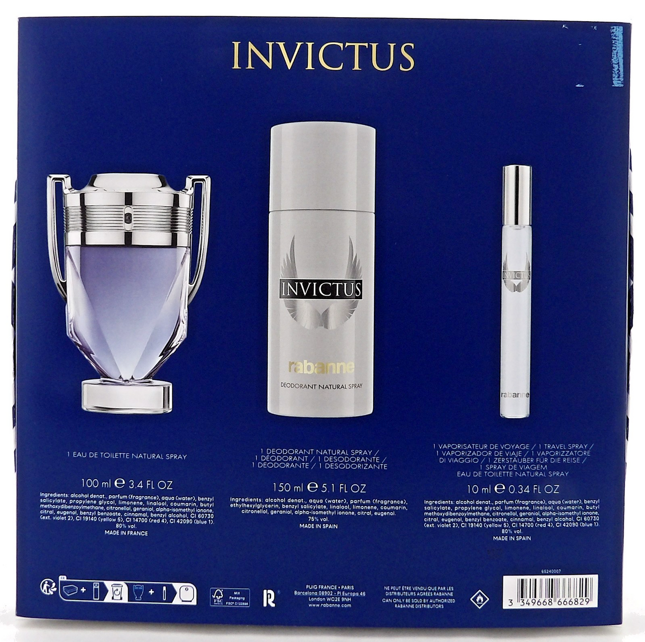 Invictus by Rabanne 3.4 oz & 10 ml EDT Spray + 5.1 oz Deo Spray. New Men's SET