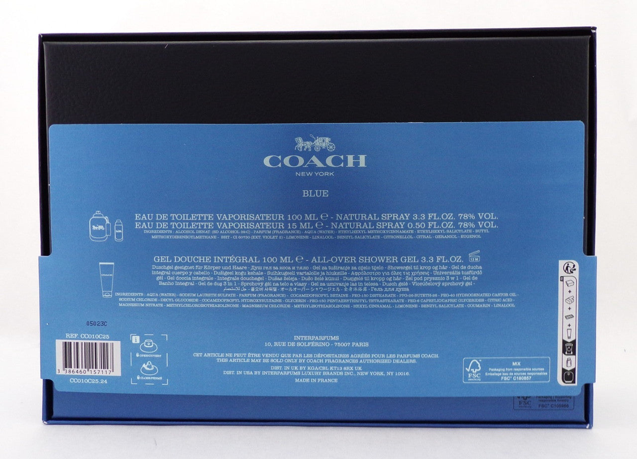COACH BLUE 3.3 oz. & 0.5oz. Eau de Toilette Spray +3.3 oz. S/Gel New SET for Men