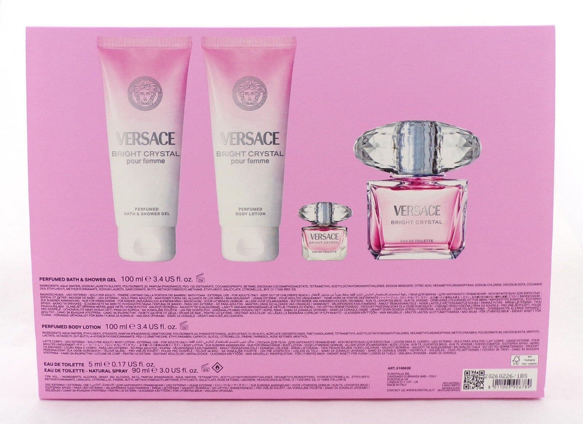 Versace BRIGHT CRYSTAL 4 pcs Set: 3.0oz EDT Spray & 5ml EDT + 3.4oz B/Lot & Sh/G