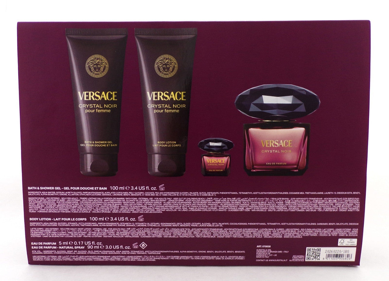 Versace CRYSTAL NOIR 4 pcs Set: 3.0oz EDP Spray & 5ml EDP + 3.4oz B/Lot & Sh/G