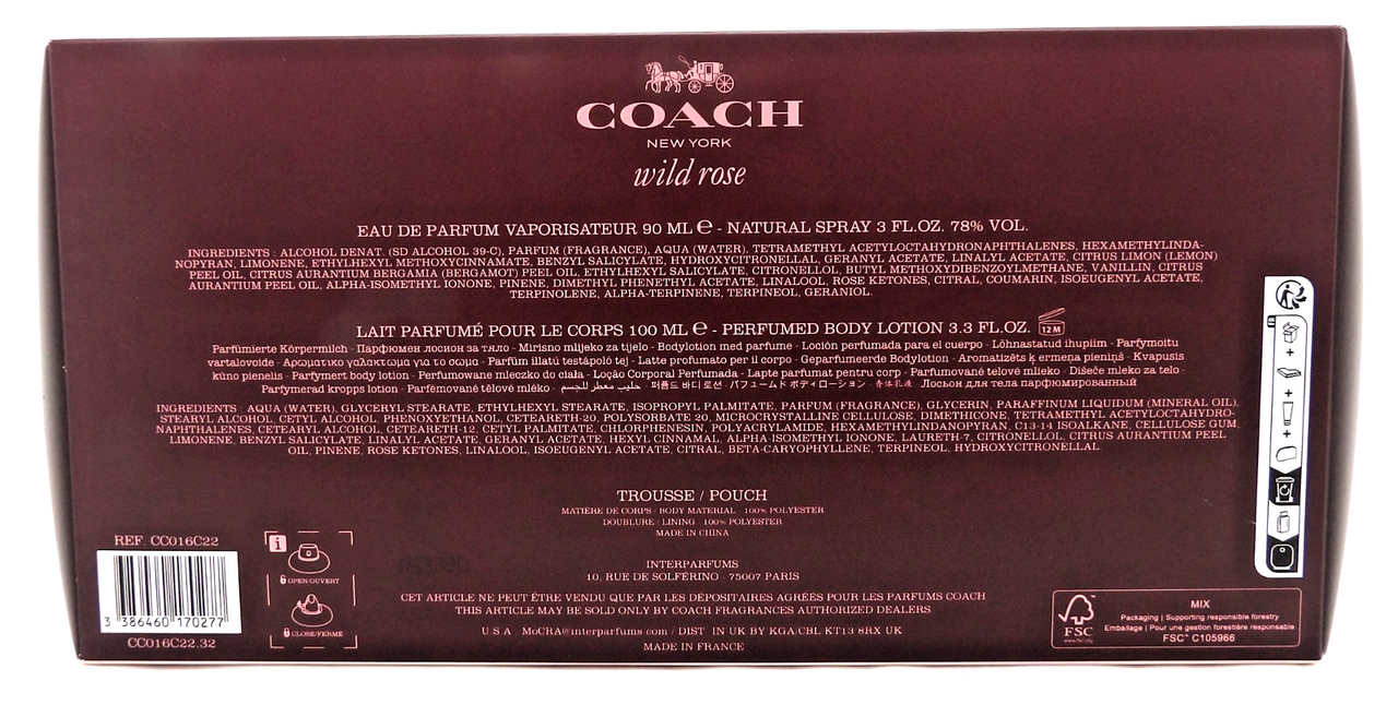 Coach WILD ROSE by Coach 3.0oz EDP Spray+ 3.3oz B/Lotion+ Pouch. New Women's SET