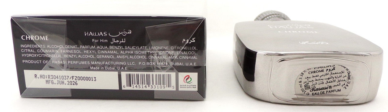 HAWAS for Him CHROME by Rasasi 3.38 oz. Eau de Parfum Spray for Men. Brand New