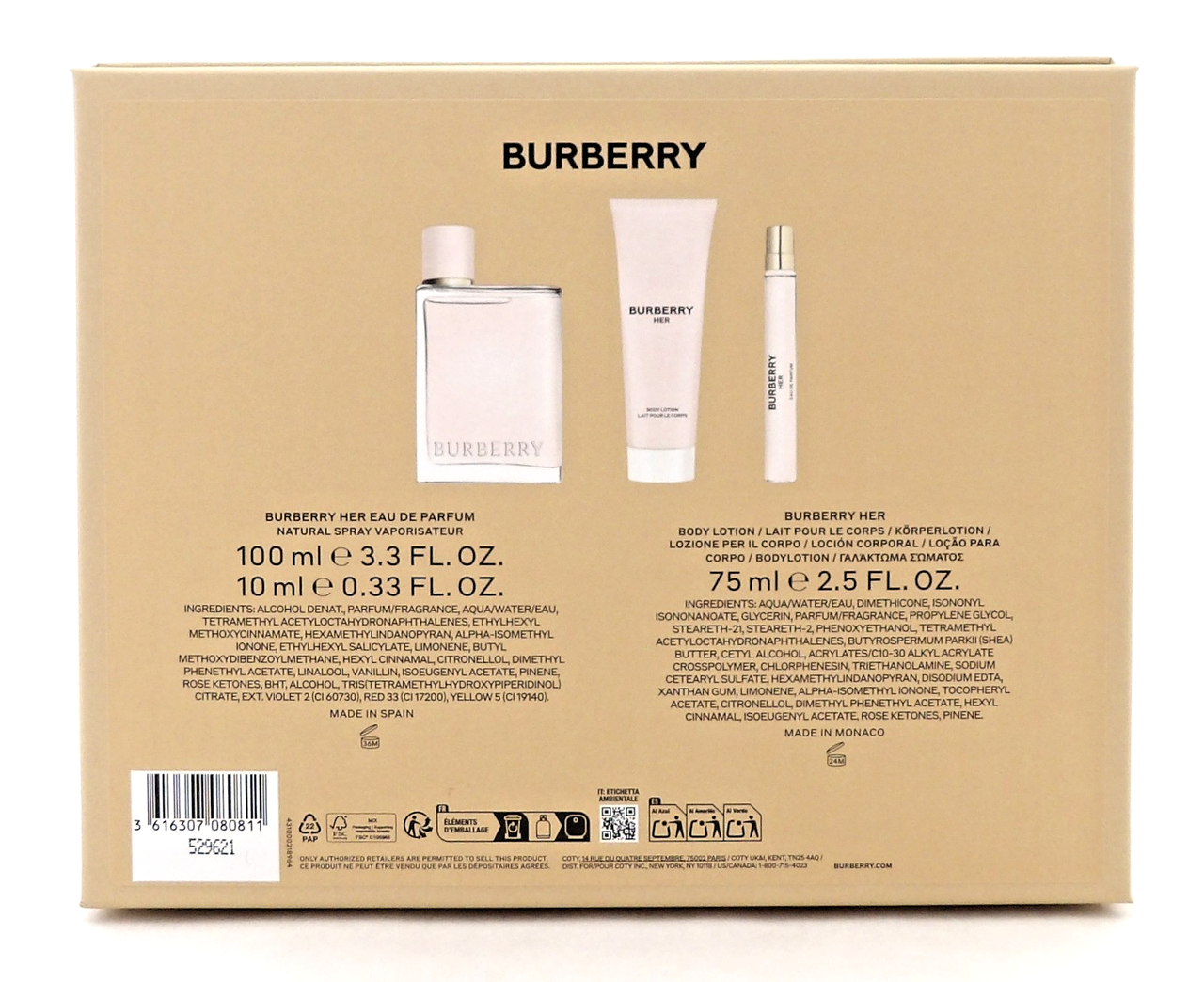 Burberry HER by Burberry 3.3oz & 10ml Eau de Parfum Spray+2.5oz B/Lotion New Set