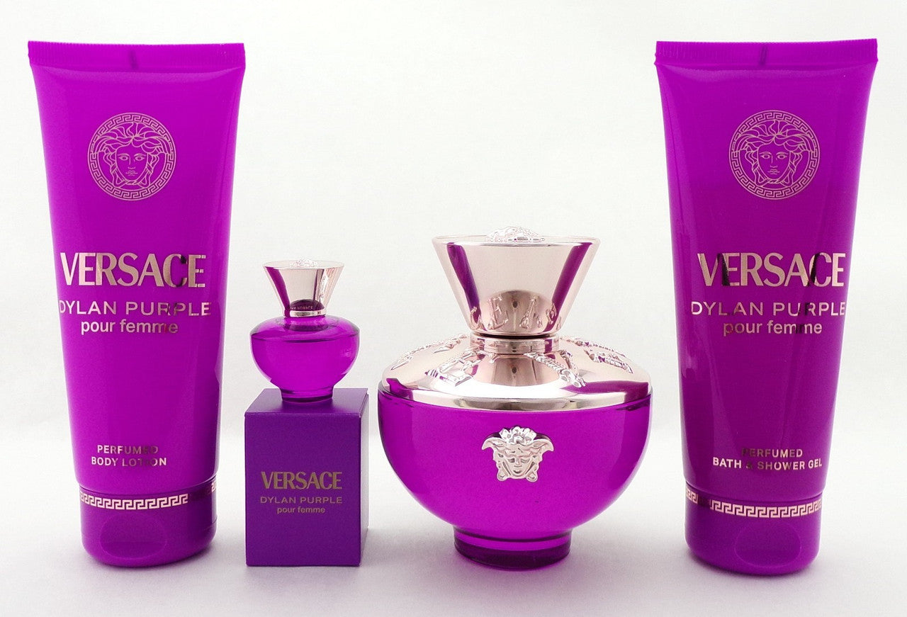 Versace DYLAN PURPLE 4 Pcs Set: 3.4 oz + 5ml EDP +3.4 oz Sh/Gel +3.4oz B/Lot NEW