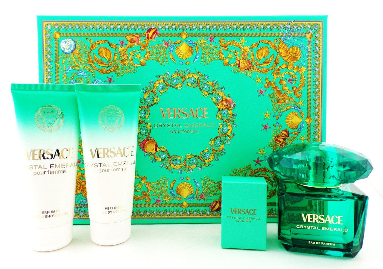 Versace CRYSTAL EMERALD 4 Pcs Set: 3.0 EDP Spray & 5 ml Mini + 3.4 S/G + 3.4 B/L