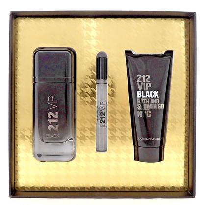 212 VIP BLACK Carolina Herrera 3.4oz &0.34oz EDP Spray+3.4oz S/Gel New Men's Set