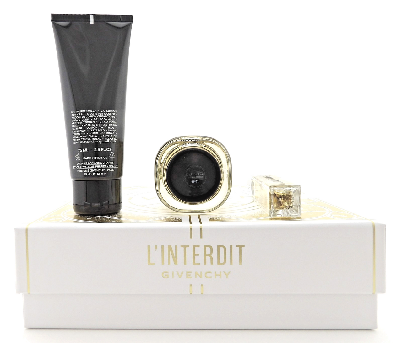 Givenchy L'Interdit 1.7oz & 12.5ml EDP Spray + 2.5oz Body Milk. New Women's Set