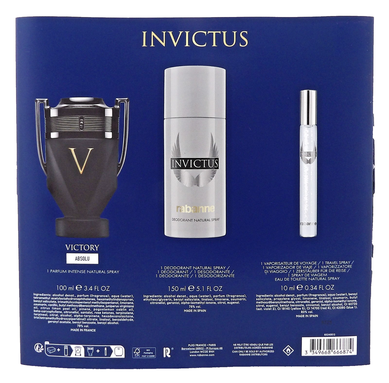 Rabanne Invictus Victory ABSOLU 3.4oz Parfum Intense Spr+5.1oz Deo+10ml EDT. SET