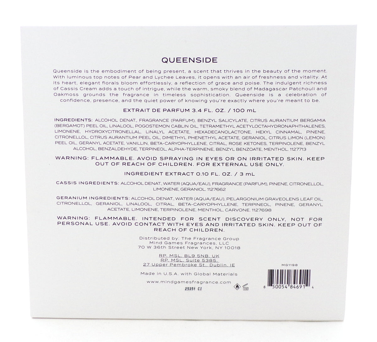 QUEENSIDE by Mind Games 3.4 oz. Extrait de Parfum Spray. New Sealed Box