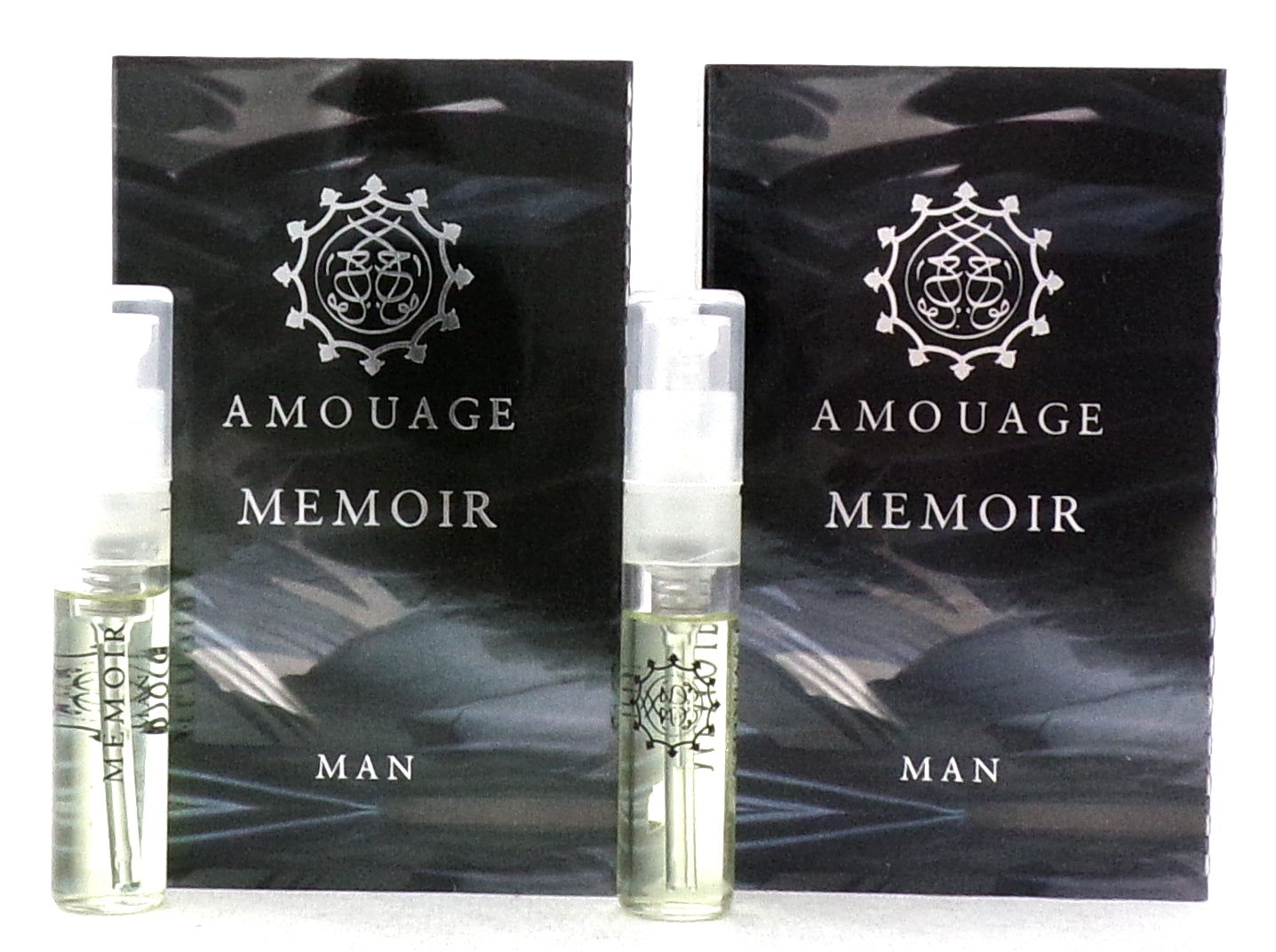Amouage Memoir Man 0.05 oz./ 2 ml. Eau de Parfum Sample Spray. LOT of 2 Vials. New with Card