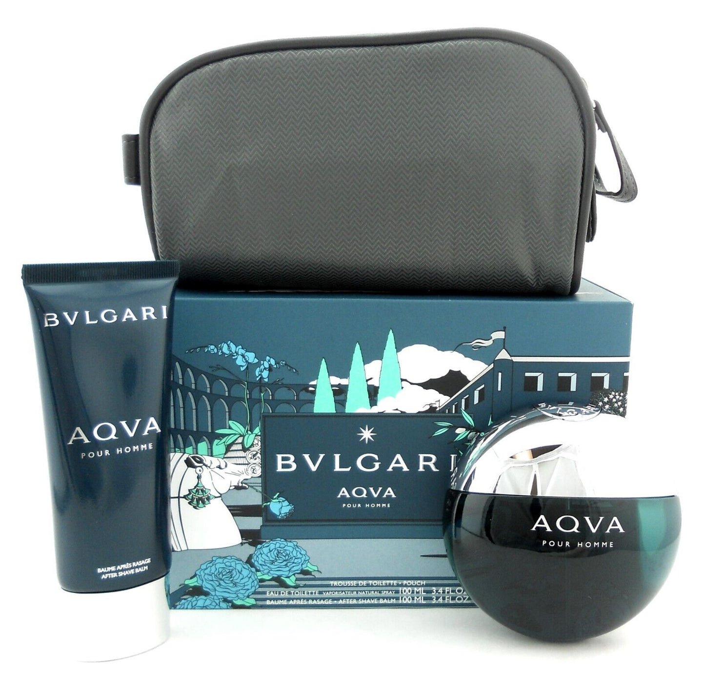 Bvlgari AQVA Pour Homme 3.4 oz.EDT Spray +3.4 oz. After Shave Balm+ Bag Gift Set