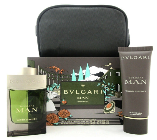 Bvlgari MAN WOOD ESSENCE 3.4oz.EDP Spray+3.4oz.After Shave Balm+Bag New Gift Set