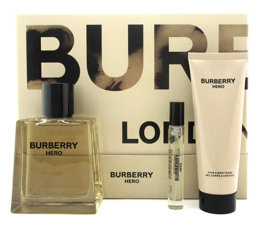 Burberry Hero 3.3 oz & 7.5 ml EDT Spray + 2.5 oz Shower Gel. New SET for Men