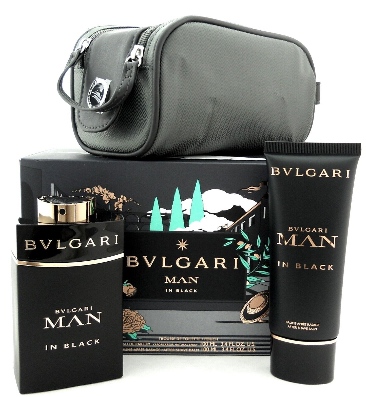 Bvlgari MAN IN BLACK 3.4 oz.EDP Spray +3.4 oz. After Shave Balm+ Bag Gift Set