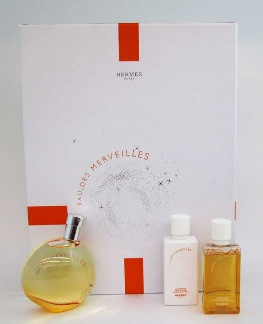 Eau Des Merveilles by Hermes Gift Set:1.6oz EDT+1.4oz B/L+1.4oz Sh/G