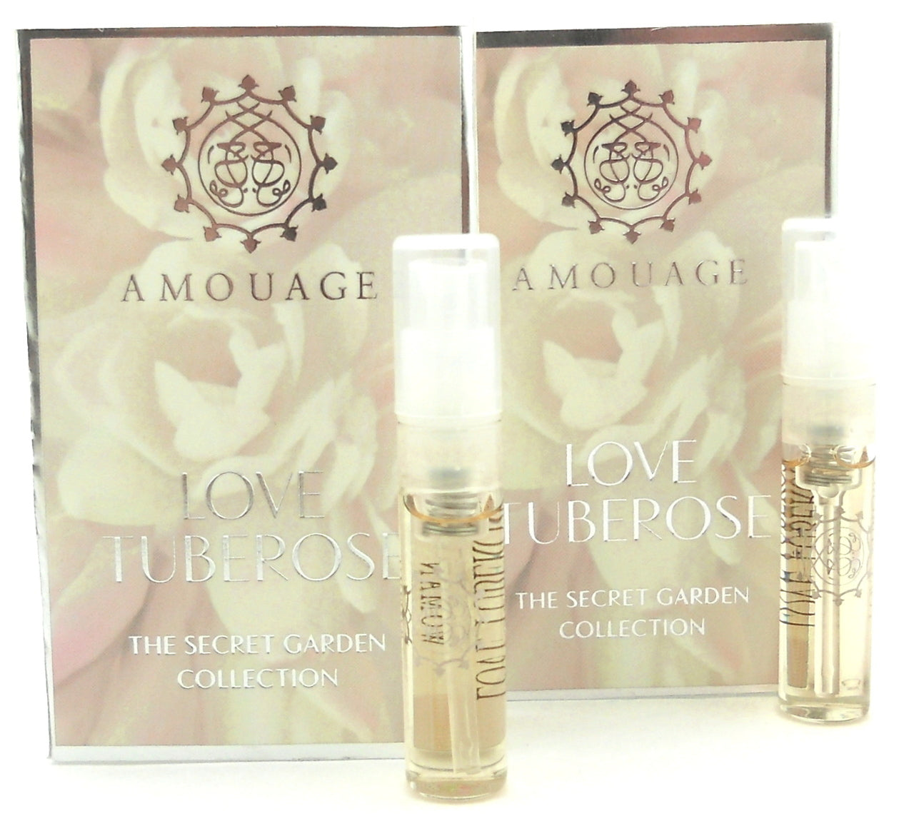 Amouage LOVE TUBEROSE Woman EDP Vial Spray 2ml New With Card. LOT of 2
