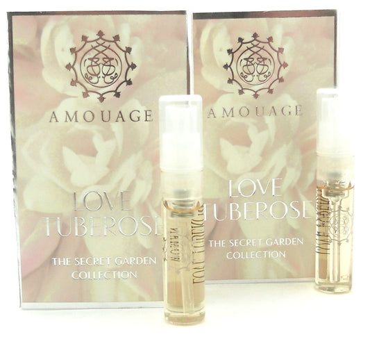 Amouage LOVE TUBEROSE Woman EDP Vial Spray 2ml New With Card. LOT of 2