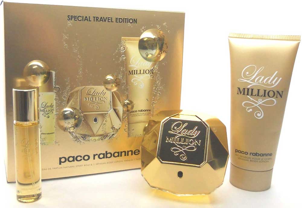Lady Million by Paco Rabanne 2.7oz.EDP+3.4oz.BL+0.5oz.Spr. Travel Set