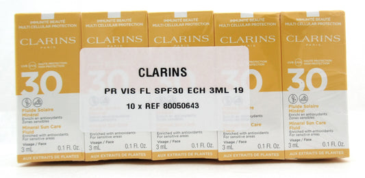 Clarins Mineral Sun Care Fluid SPF 30 for Face 3 ml. Travel Size Lot of 10 Boxes