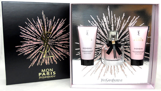 YSL Mon Paris 1.6 oz EDP Spray +1.6 oz.Lotion +1.6 oz.Sh/Oil. New in Hard Box