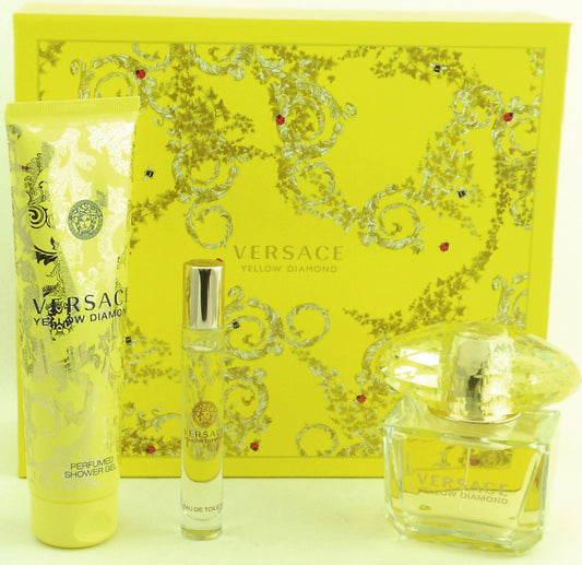Versace Yellow Diamond Perfume 3.0 oz. EDT Spray + 5.0 oz.Shower Gel +10 ml.EDT Roller Ball. New Set