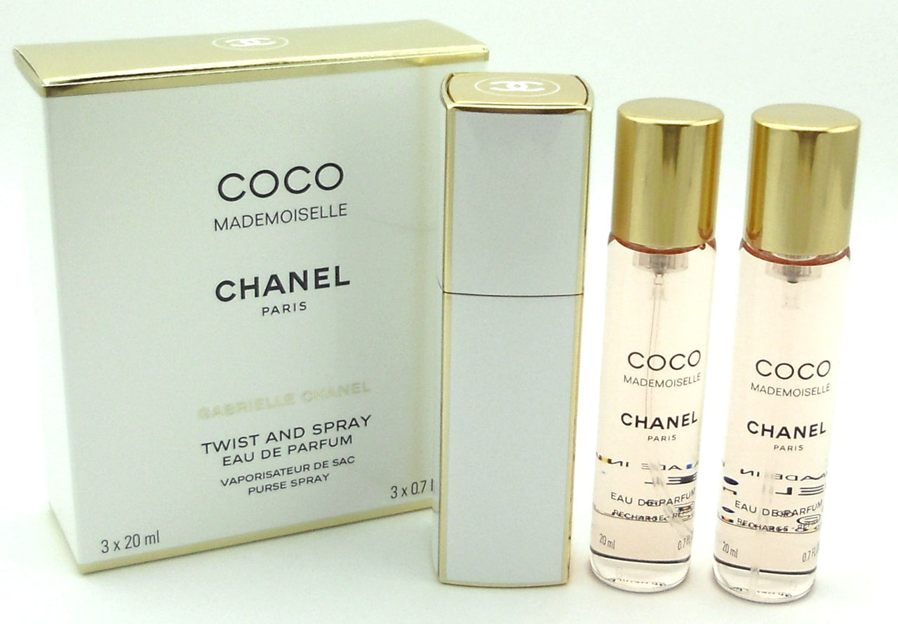 Coco Mademoiselle by Chanel Twist and Spray Eau de Parfum Purse Spray 3 x 20 ml. New in Box. Sealed.