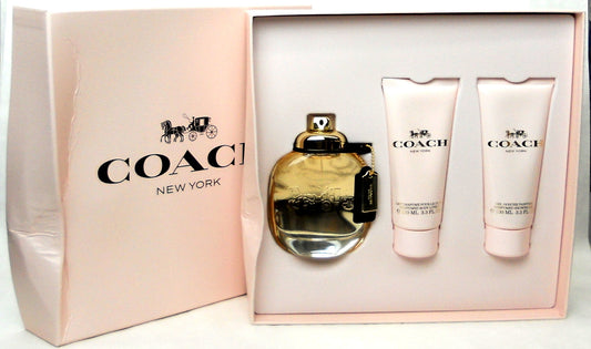 Coach New York 3.0 oz.EDP Spray 3 oz.+3.3 oz.Lotion + 3.3 oz. Gel. Damaged Box. New.