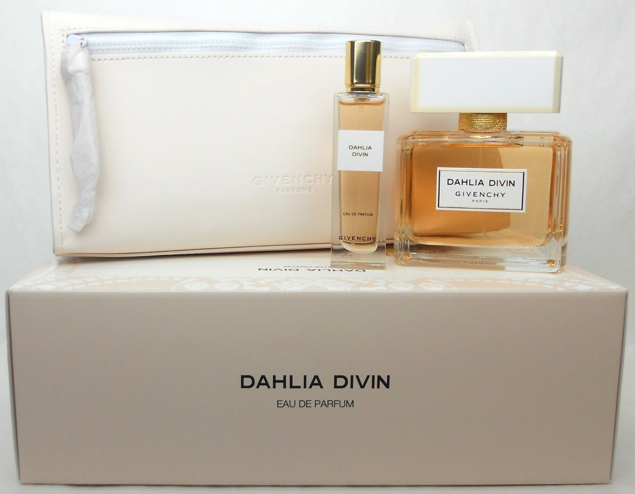 Dahlia Divin Givenchy Eau De Parfum Spray 2.5 oz.+Travel Spray 15 ml.+ Cosmetic Bag. New Set.