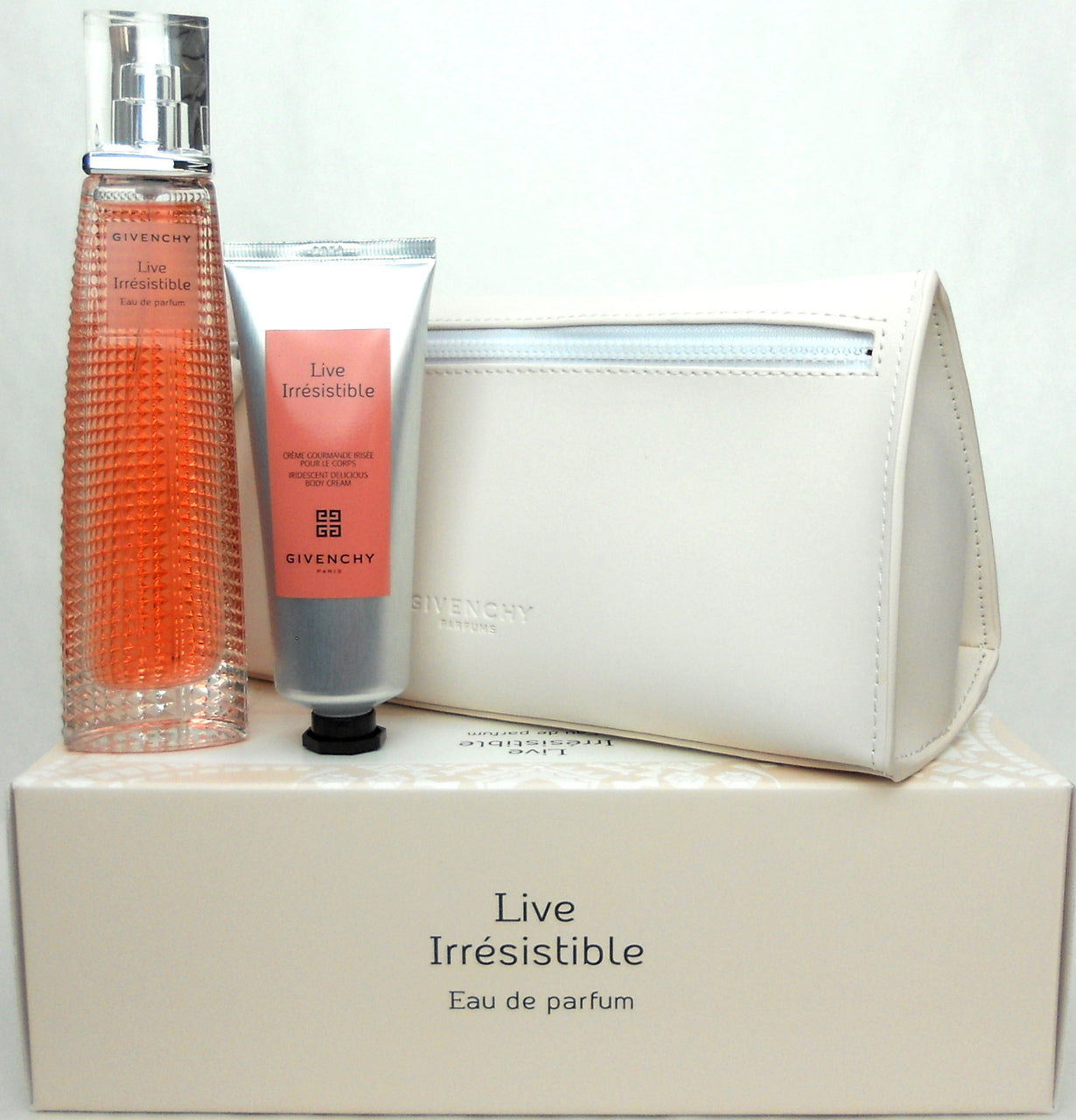 Givenchy Live Irresistible Eau De Parfum 2.5 oz +B/Cream 2.6 oz+ Bag. New Set.